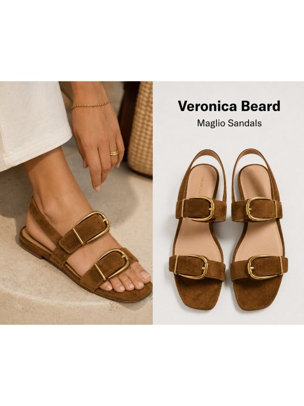 Veronica Beard Maglio Suede Buckle Flat Sandals Olive Green Size 8.5